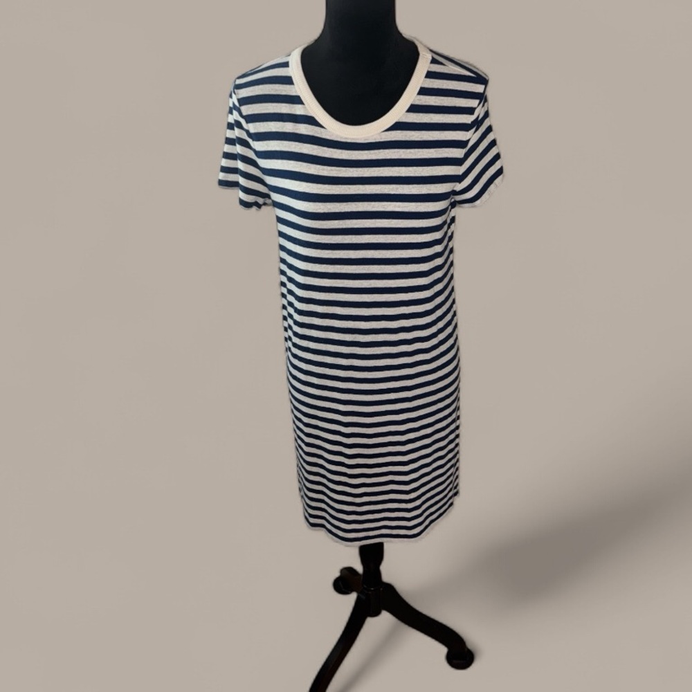 Lou‎ & Grey Striped Navy and White Linen blend T-Shirt Dress short sleeves Sz S